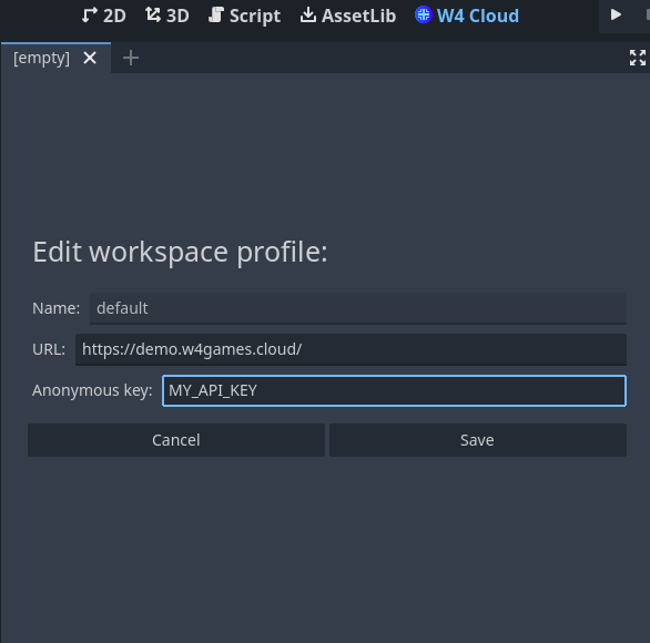 Screenshot of the W4 dashboard profile settings filled in URL and API key